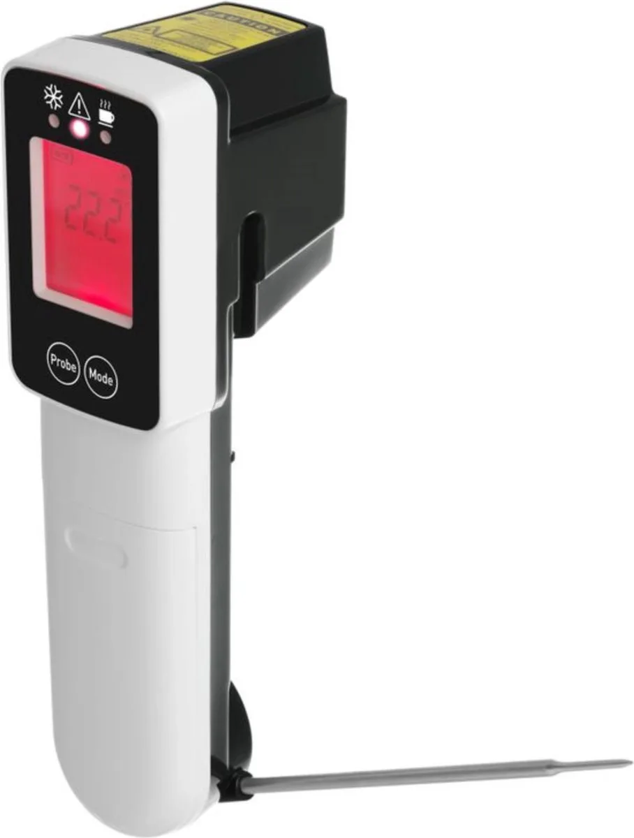 Infrarood thermometer met inklapbare sonde – HACCP controlelampje – Meetbereik -60°C tot 350°C van Hendi in Zwart – productfoto