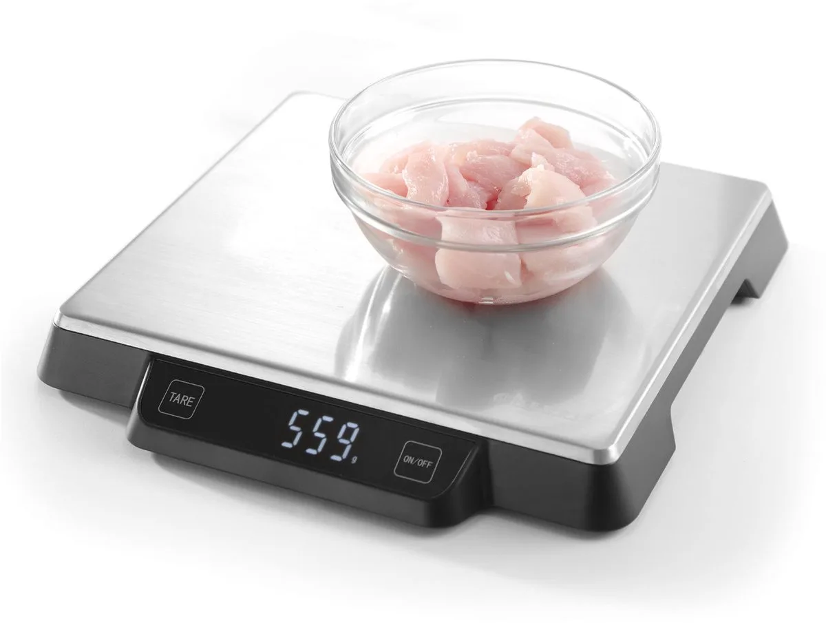 Keukenweegschaal – 15 kg capaciteit – roestvast staal – nauwkeurig tot 1g – aanraakgevoelig – auto-tarra van Hendi in Rvs – productfoto