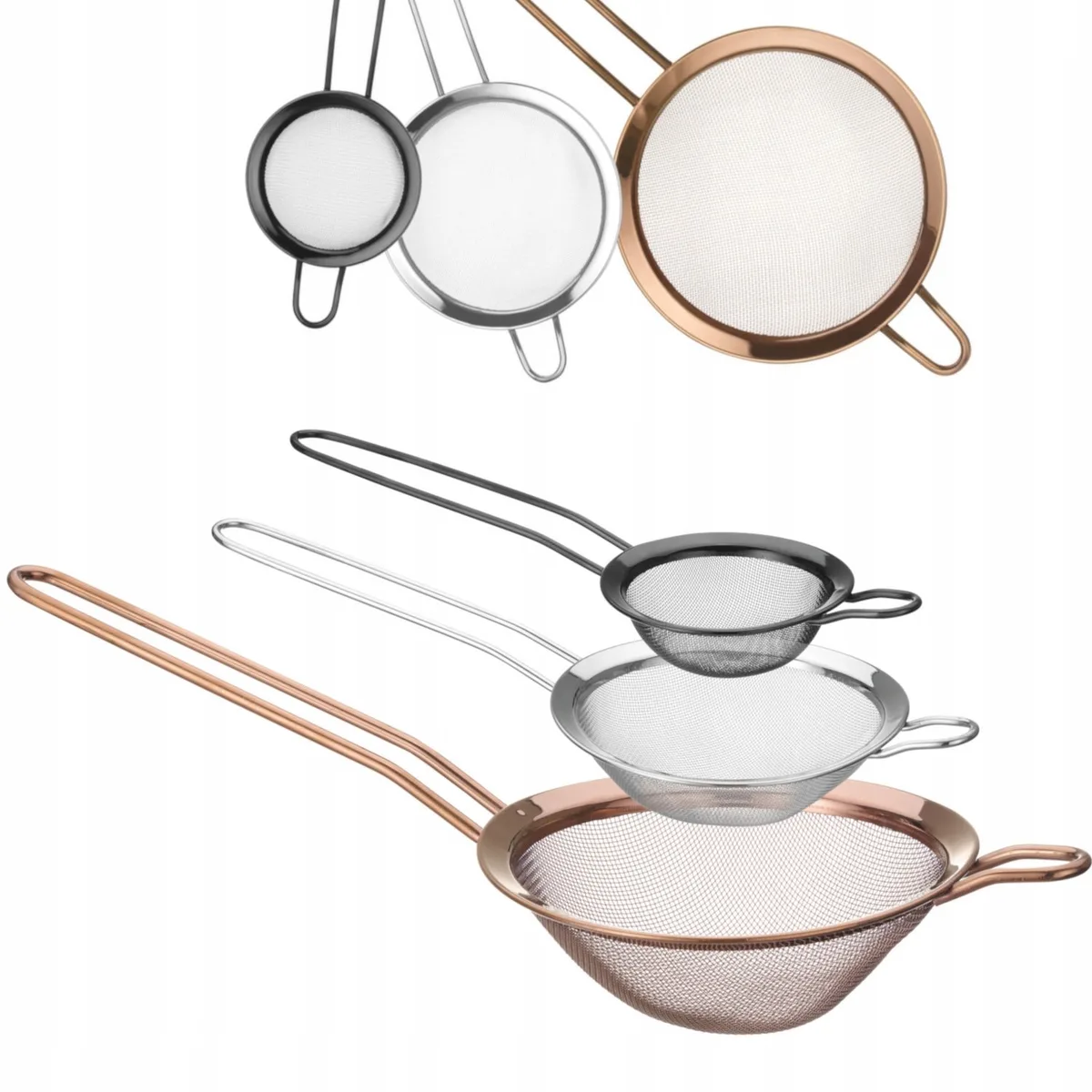 Keukenzeef Set 3 stuks - RVS met Kleuren - Ø74/105/144mm fra Hendi i Sort, Sølv, Kobber – produktbillede
