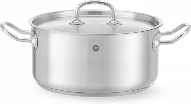 Kookpan laag – sandwichbodem – inductiegeschikt – 4,9L – met deksel – ⌀240mm by Hendi in Silver – product photo