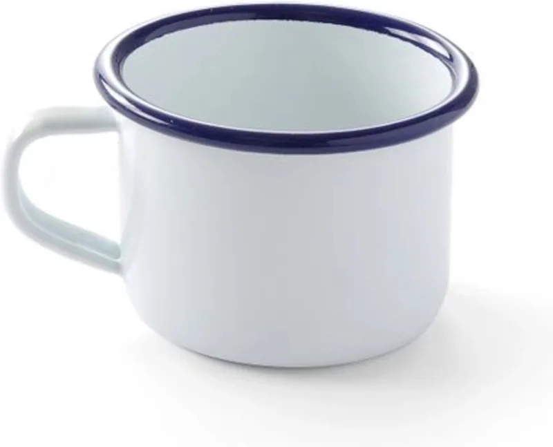 Kop – geëmailleerd staal – met blauwe rand – 0,12L – stapelbaar – oven- en vaatwasmachinebestendig by Hendi in White – product photo