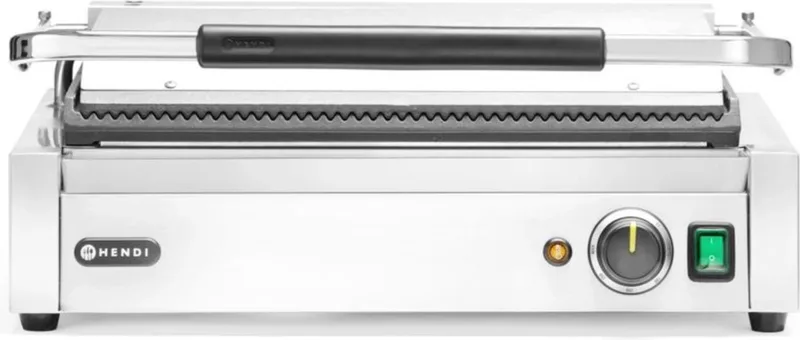 Panini contactgrill XL – gietijzeren grillplaten – instelbare temperatuur – 548x464 mm by Hendi in Grey – product photo