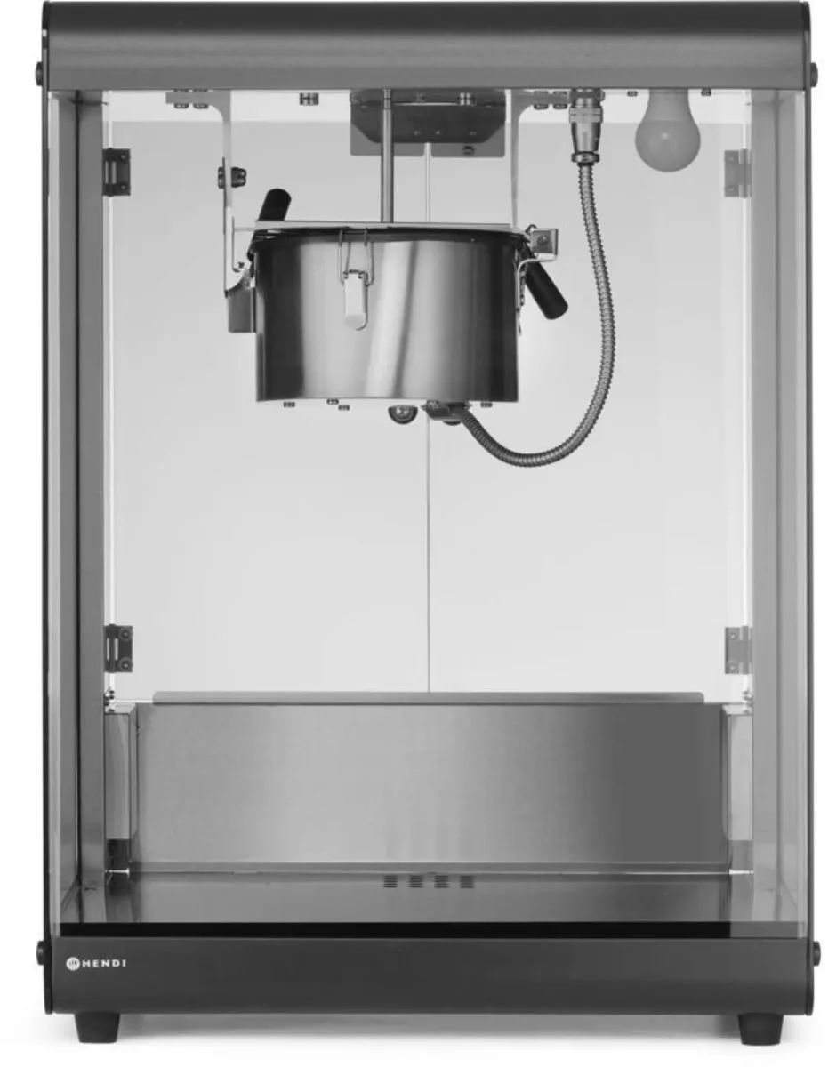 popcornmachine - koolstofstaal en veiligheidsglas - met roermechanisme en verwarmde bodem - 56x44,5x77,5 cm - 80 liter - voor horeca en evenementen van Hendi in Zwart – productfoto