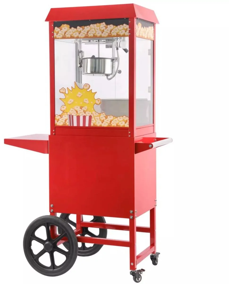 popcornmachine met kar - aluminium en staal, veiligheidsglas - verwarmde bodem en verlichting - 94 x 51 x 155,3 cm - rood - voor horeca en evenementen van Hendi in RoodWit – productfoto