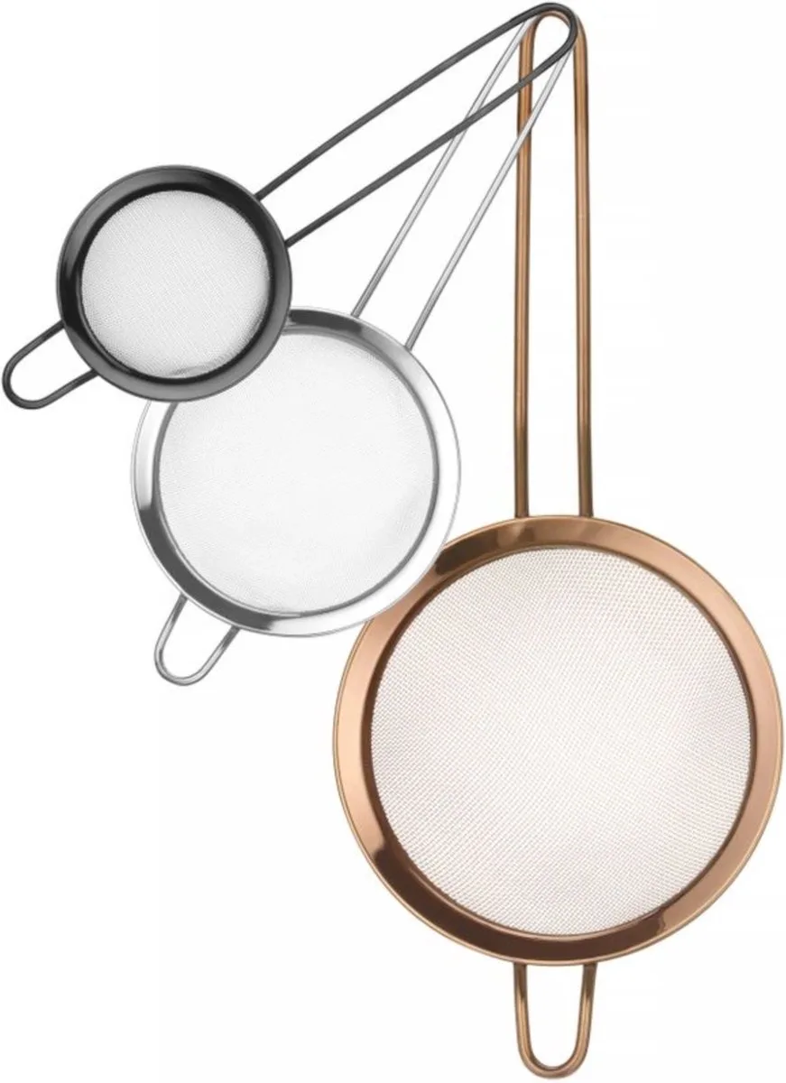 Set van 3 zeven – gepoedercoat roestvast staal – diverse kleuren en maten – ergonomische handgreep van Hendi in Zwart, Zilver, Koper – productfoto