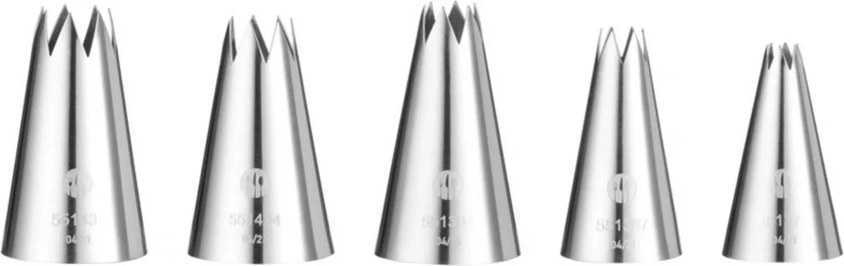 Set van 5 gekartelde spuitmondjes – ø6-8-10-12-14 – roestvast staal van Hendi in Rvs – productfoto