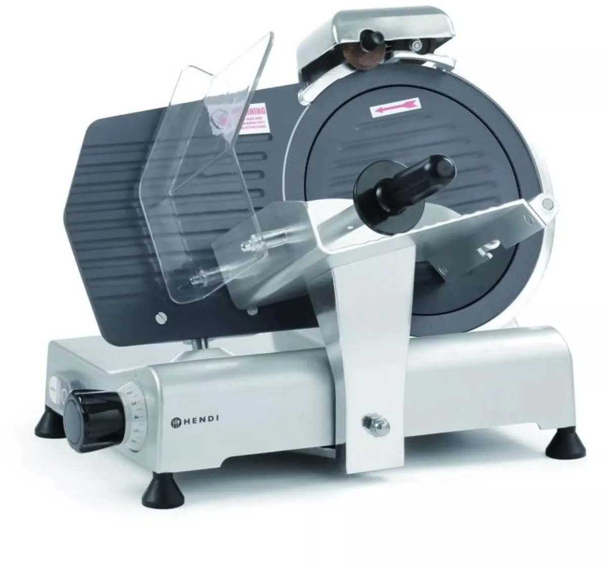 Snijmachine - aluminium en - antiaanbaklaag en slijper, mes 25 cm, dikte 1-8 mm - 49,4 x 40,2 x 39,8 cm - grijs - voor kaas en vlees von Hendi in Rvs – Produktfoto