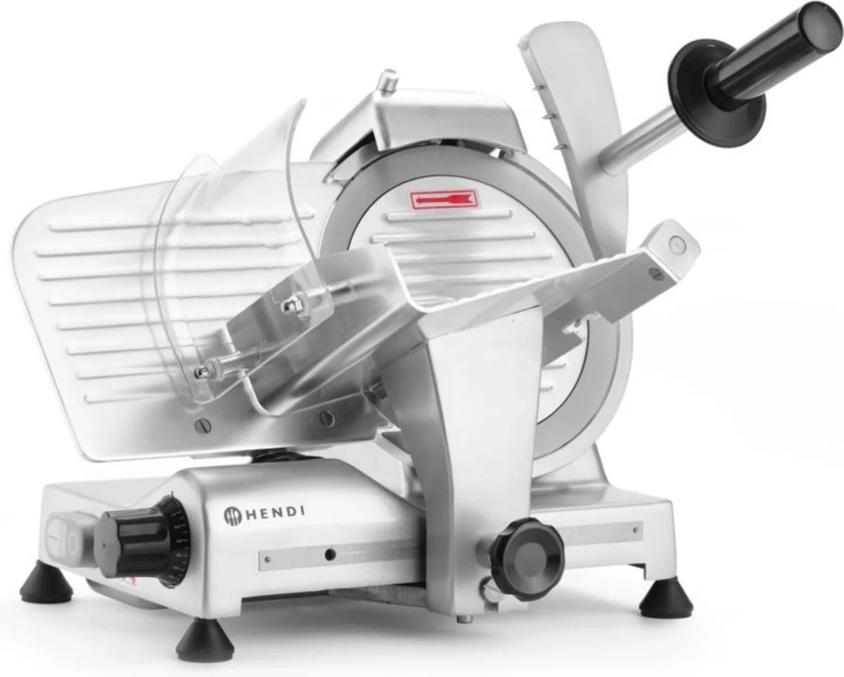 Snijmachine Profi Line – 195 mm mes – Luchtgekoelde motor – Traploos instelbare snijdikte – Veiligheidsfuncties fra Hendi i Sølv – produktbillede