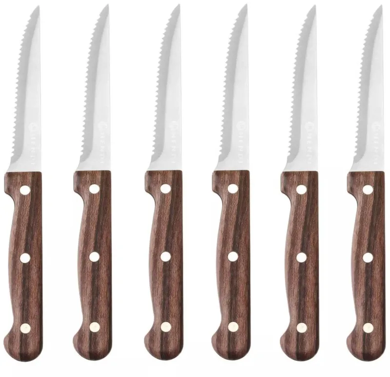 Steakmessen set - roestvast staal met kunststof handgreep - 21 cm - 6 stuks - voor het snijden van steak en vleesgerechten aan tafel de Hendi en Marron – photo produit
