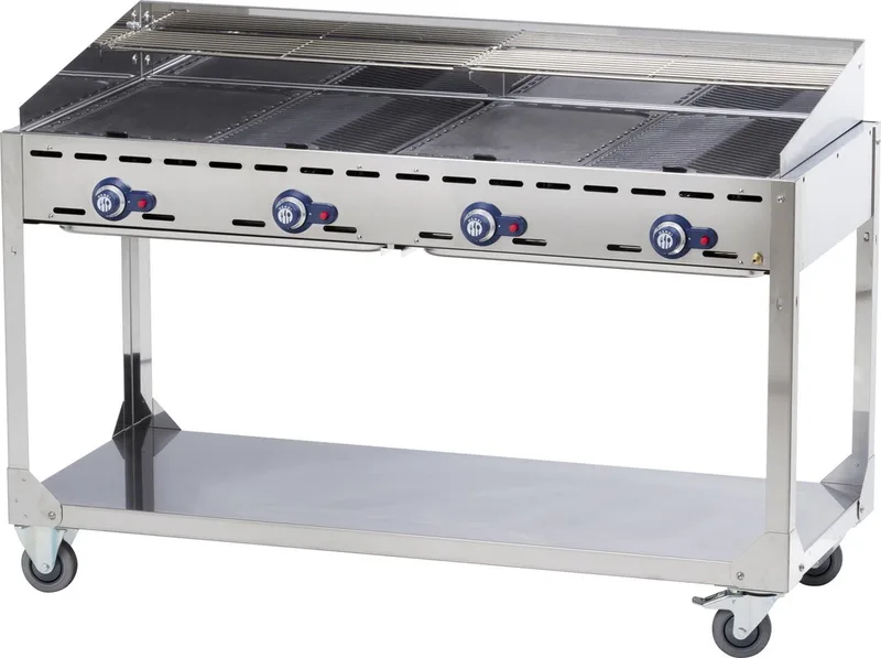 Verrijdbare barbecue met 4 branders – lichtgrijs – 22kW – 1400x612x x(H)825mm – inclusief bakplaten en grillroosters by Hendi in Rvs – product photo