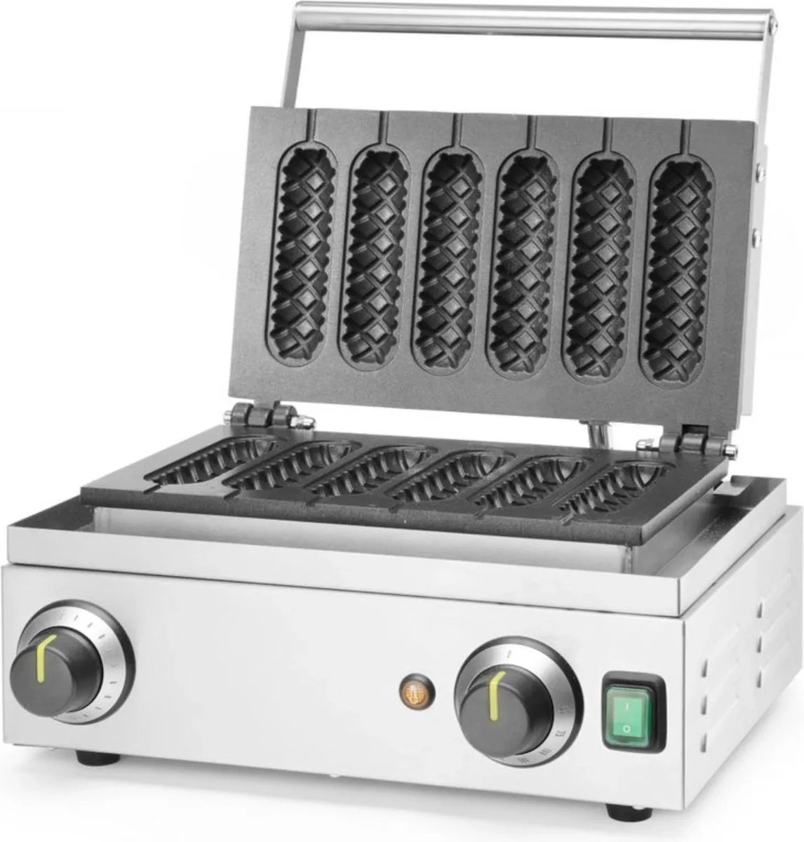Wafelijzer voor 6 lolly-wafels of corndogs – antiaanbaklaag – traploos instelbare temperatuur – roestvrij staal by Hendi in Silver – product photo