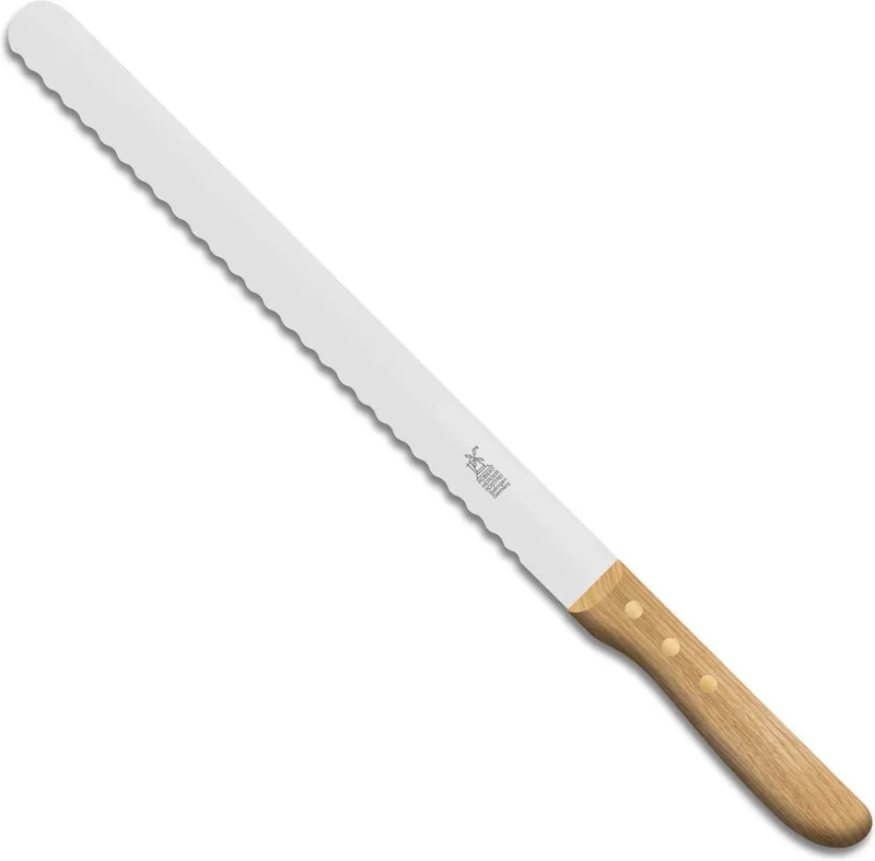 Brisketmes – Broodmes – RVS – met Golf – Lemmet 31,5 cm – Heft Eikenhout van Herder in Bruin – productfoto