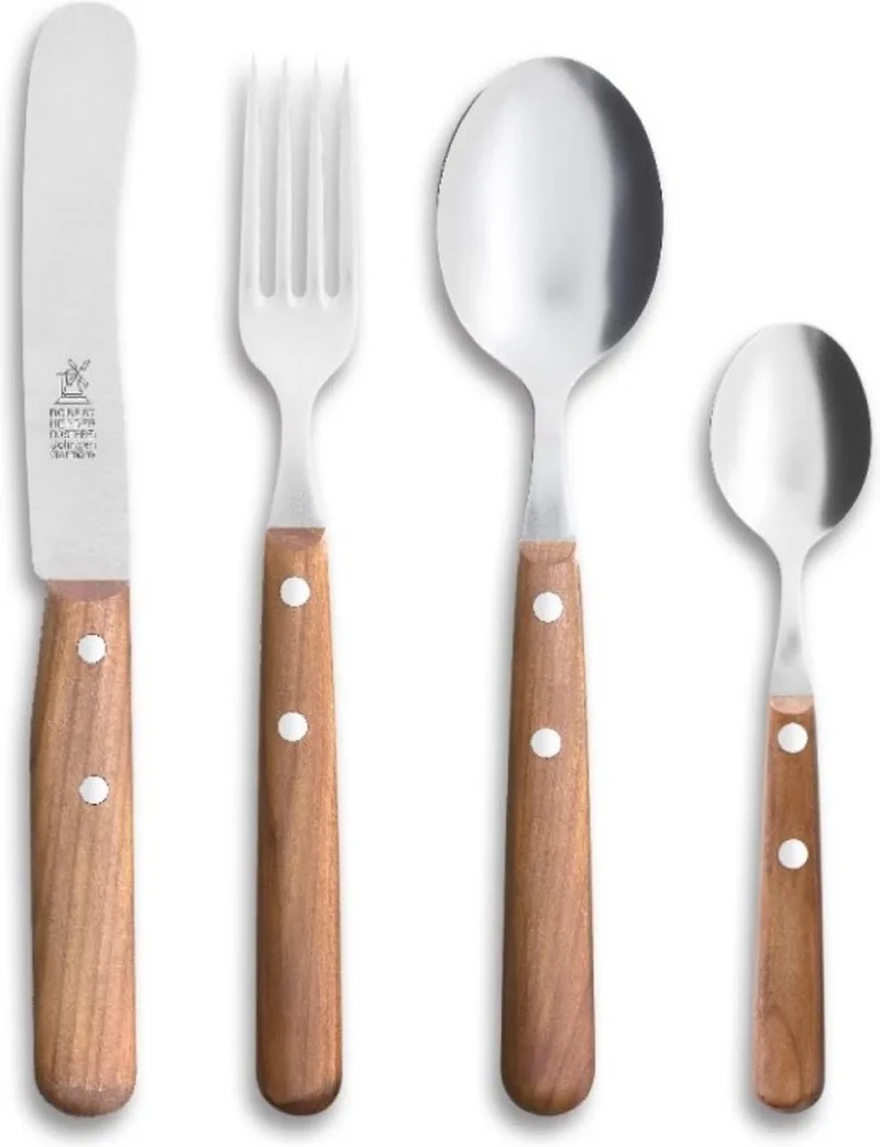 Buckels – Luxe 4-Delige RVS Bestekset – Kersenhouten Heft – Ontbijtmes, Vork, Lepel en Theelepel von Herder in Braun – Produktfoto