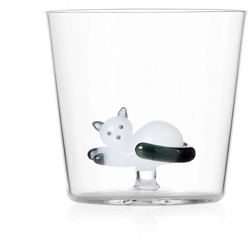 Tabby Cat glas liggende poes wit met staart smoke - handgeblazen von Ichendorf in Transparent – Produktfoto
