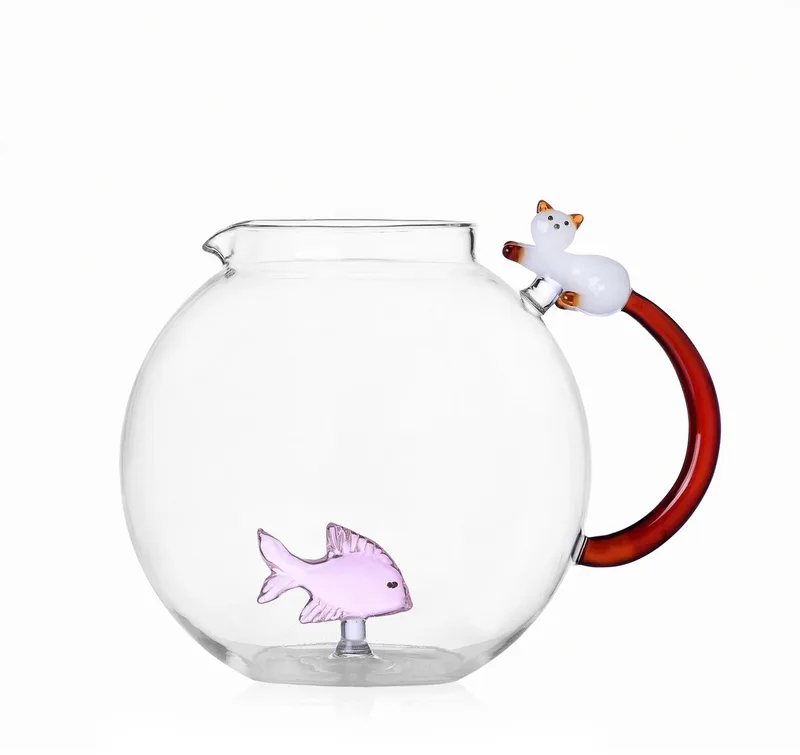 Waterkan - Karaf - Tabby Cat - vis roze + poes wit met staart amber - H16.5cm de Ichendorf en Transparent – photo produit