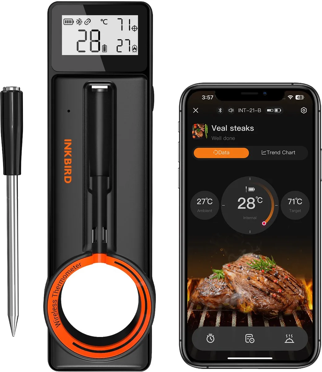 Bluetooth Draadloze Vlees Thermometer nieuw model 2025 Ultradunne 5 mm Sonde by Inkbird in Int-21-b – product photo