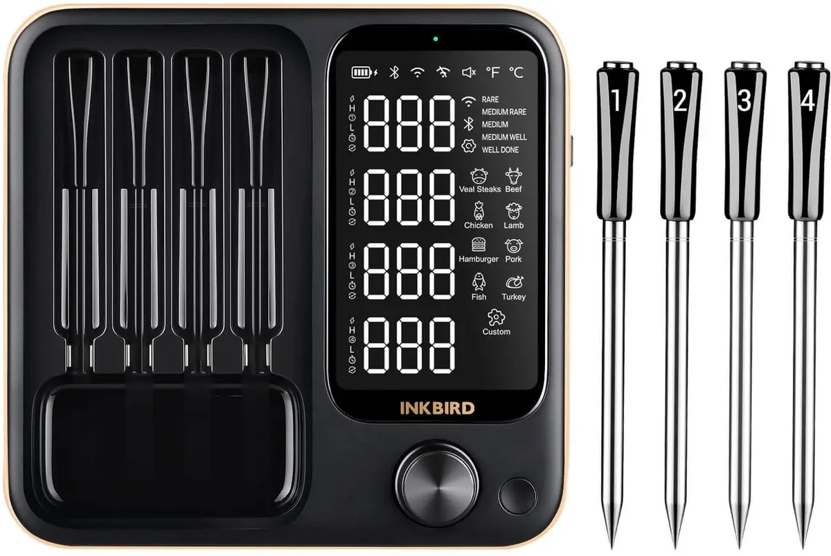 INT-14-BW LUXE Draadloze Vleesthermometer met 4 Sondes voor Oven, Keuken,Barbecue,WiFi Bluetooth BBQ Thermometer met APP,Waterdicht, 2025 mode de Inkbird en Luxury INT-14-BW – photo produit