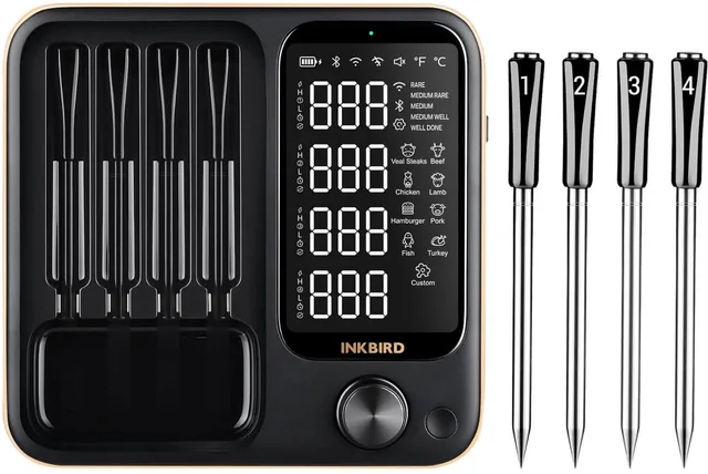 INT-14-BW LUXE Draadloze Vleesthermometer met 4 Sondes voor Oven, Keuken,Barbecue,WiFi Bluetooth BBQ Thermometer met APP,Waterdicht, 2025 mode