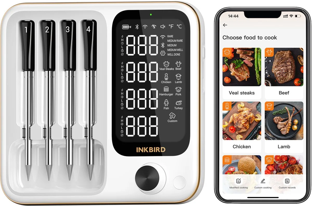INT-14-BW WHITE Edittion LUXE WiFi & Bluetooth BBQ Thermometer – Draadloze Vleesthermometer met App – Voor Barbecue, Oven en Grill – Keukenthermometer- Model 2025 de Inkbird en Luxury INT-14-BW WHITE Edittion – photo produit