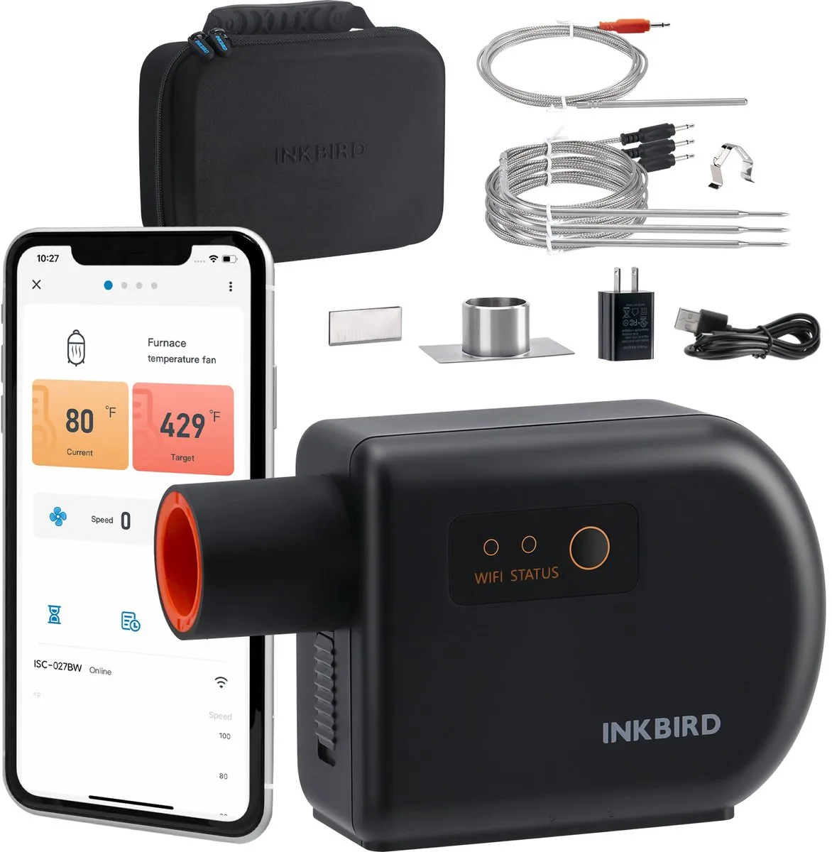 ISC-027BW Wi-Fi Bluetooth BBQ Temperatuurregelaar, Premium kwaliteit- Automatische Smoker Thermometer met 4 sondes voor Big Green Egg, Kamado Joe, Primo, Vision Grill, Akorn Kamado van Inkbird in Isc-027bw eu – productfoto