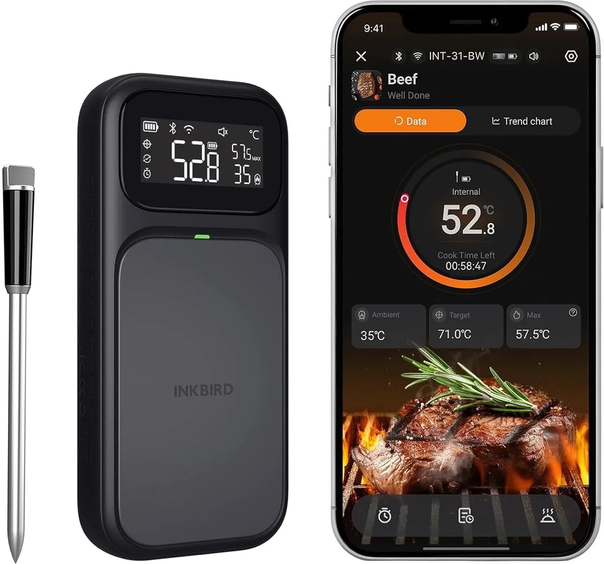 Vleesthermometer Dual Mode Super WiFi en bluetooth & 5 Multi-Sensor Singel Probe Ultra 2026 van Inkbird in Inkbird Singel Probe Vleesthermometer Dual Mode & 5 Multi-Sensor Ultra 2026 – productfoto