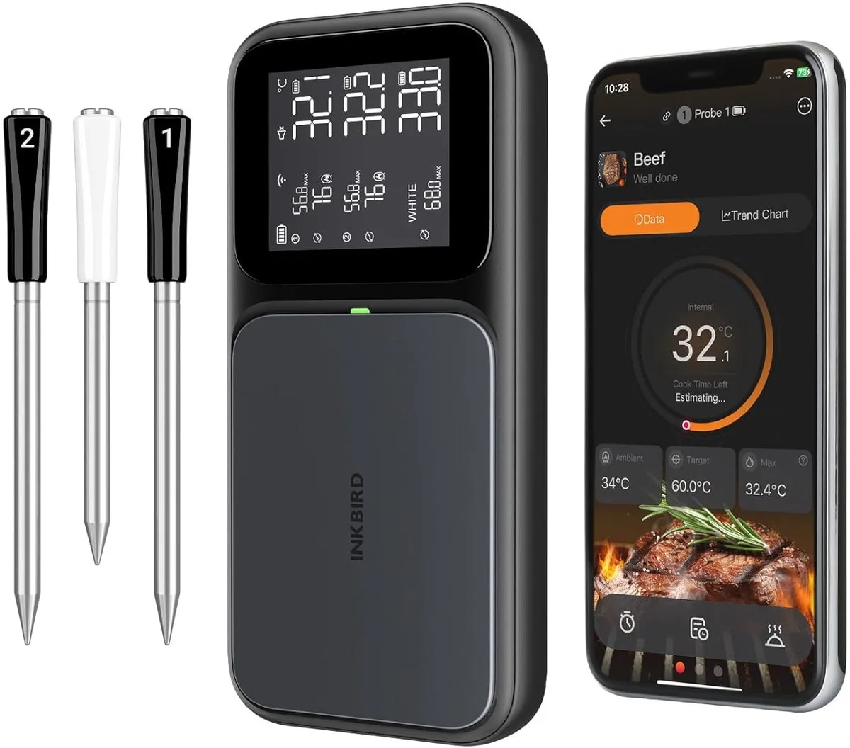 WiFi 5G en Bluetooth 5.4 BBQ Thermometer met 3 Multi-sensor Sondes, AI Real-time Estimated Cooking Time Function,Hoge en Lage Temperatuur Alarmen, voor Koken en Grillen Ultra Model 2026 van Inkbird in 3 probe Ultra model 2026 – productfoto