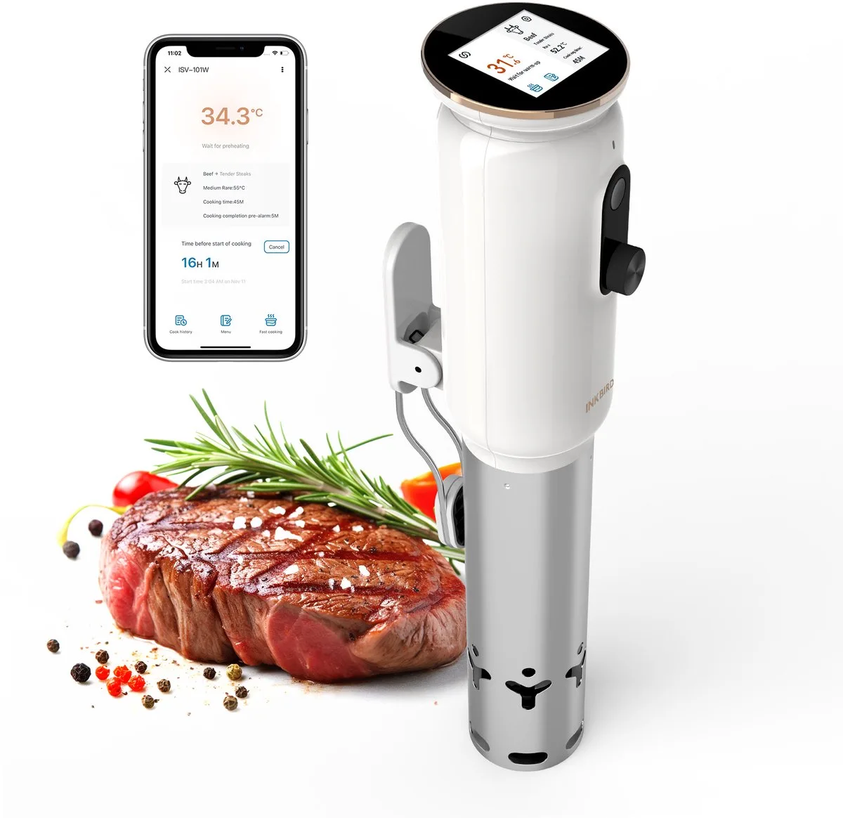 WiFi Sous-Vide Stick – Digitale Precisie Koker met App – Draadloos Sous-Vide Kooktoestel voor Vlees, Vis en Groenten - Model 2025! van Inkbird in Luxury white – productfoto