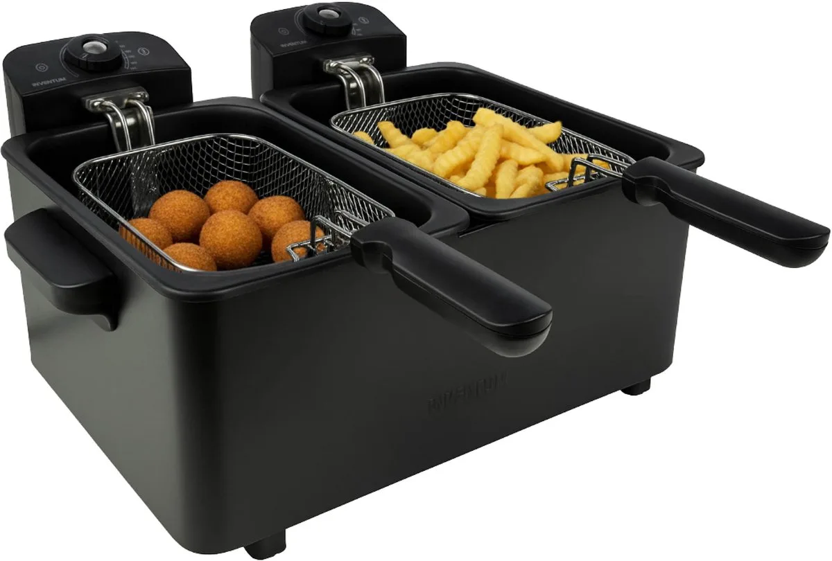 GF461B Dubbele Frituurpan - 5L - Max 190 °C - Koude zone - 2x1800W - Tot 5 personen van Inventum in Zwart – productfoto