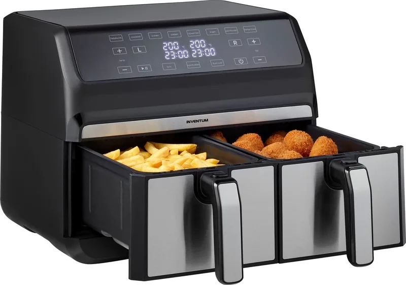 GF800HLD Dubbele Airfryer XXL - 8L - Dual Cook - Grill- & roosterfunctie - 8 programma's - 80-200 °C - PFAS-vrij - Tot 6 personen - WK von Inventum in Schwarz, Rvs – Produktfoto
