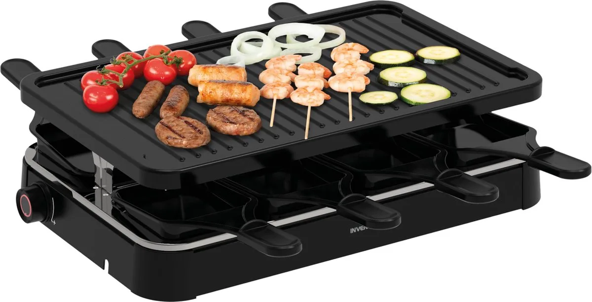 GR803B - Gourmetset - Raclette - 8 persoons - Grillplaat - 8 pannetjes - PFAS vrij - Regelbare thermostaat - 1200 watt de Inventum en Noir – photo produit