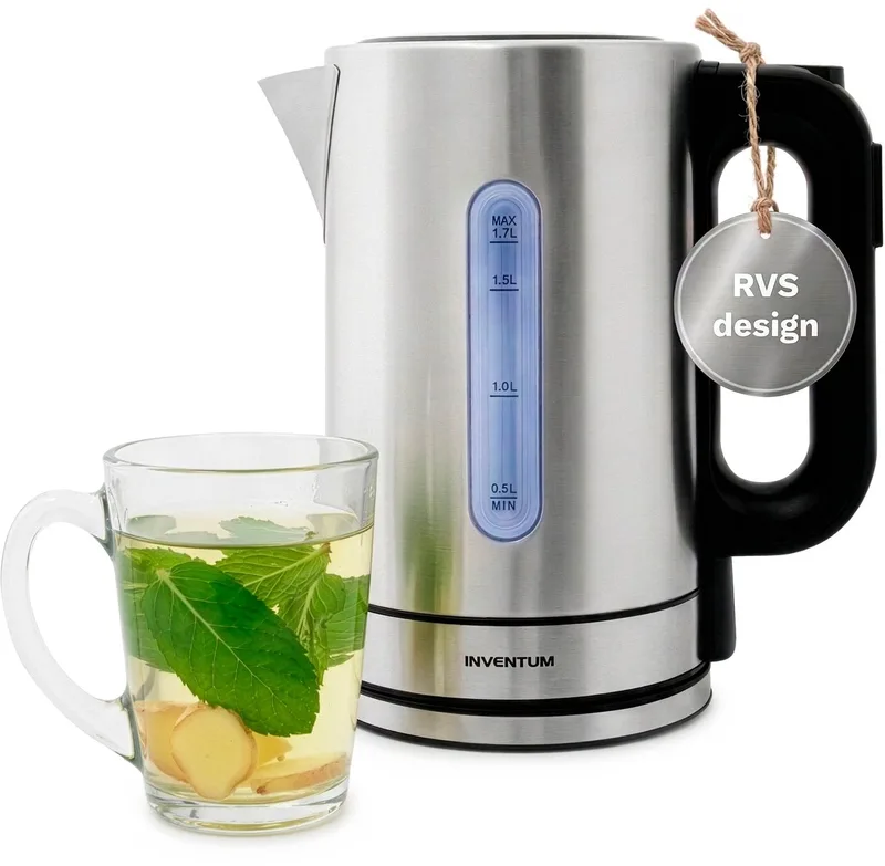 HW817D - Waterkoker - Inhoud 1,7 liter - Roestvrijstaal - Warmhoudfunctie - Led-verlichting - 2200 watt van Inventum in Rvs, Zwart – productfoto