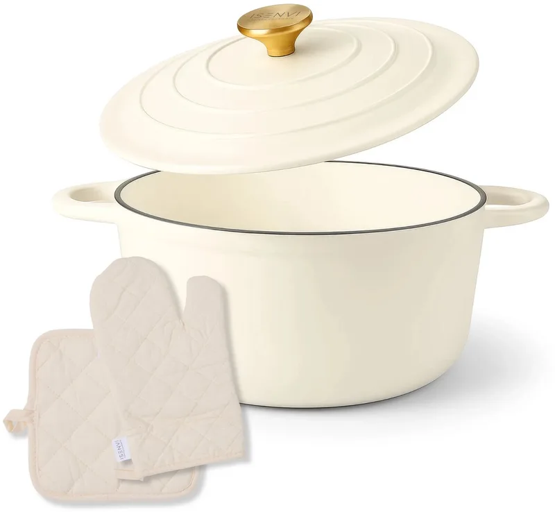 Byron gietijzeren braadpan 24 CM - Met deksel, pannenlap en ovenwant de ISENVI en Crème + Ovenwant & Pannenlap – photo produit