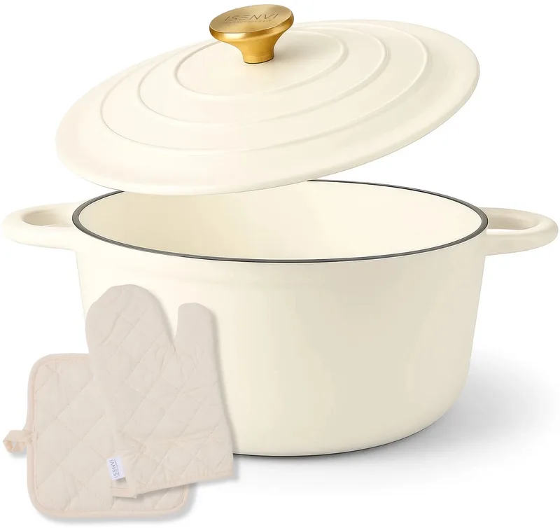 Byron gietijzeren braadpan 28 CM - Met deksel, pannenlap en ovenwant de ISENVI en Crème + Ovenwant & Pannenlap – photo produit