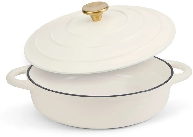 Byron Gietijzeren Emaille Hapjespan met Deksel - 28 cm - Geschikt voor Inductie - PFAS, PTFE Vrij de ISENVI en Beige – photo produit