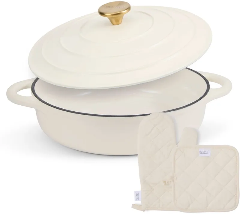 Byron Gietijzeren Emaille Hapjespan met Deksel, Ovenwant en Pannenlap - 28 cm - Geschikt voor Inductie - PFAS, PTFE Vrij by ISENVI in Beige – met Ovenwant en Pannenlap – product photo