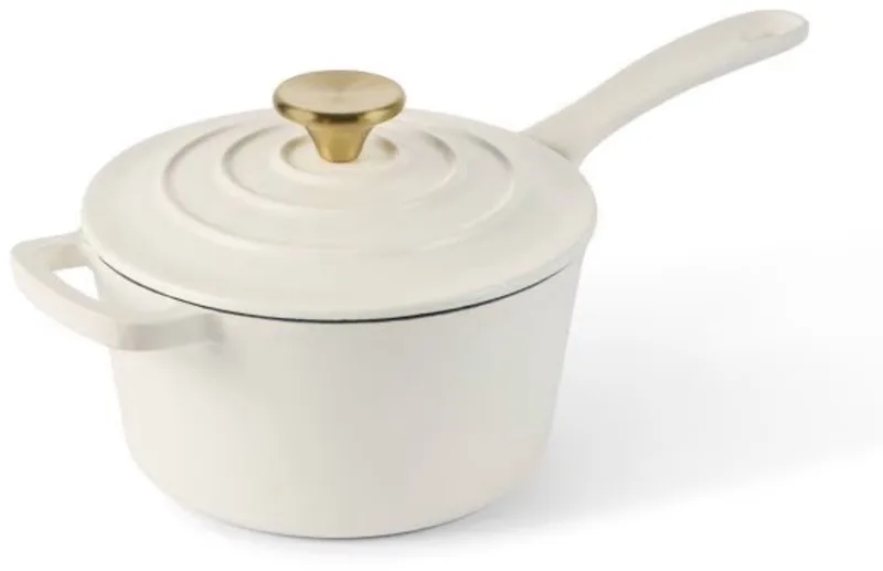 Byron Gietijzeren Emaille Steelpan met Deksel - 19 cm - Sauspan - Geschikt voor Inductie - PFAS, PTFE Vrij de ISENVI en Beige – photo produit