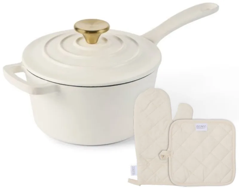 Byron Gietijzeren Emaille Steelpan met Deksel , Ovenwant en Pannenlap - 19 cm - Sauspan - Geschikt voor Inductie - PFAS, PTFE Vrij de ISENVI en Beige – met Ovenwant en Pannenlap – photo produit