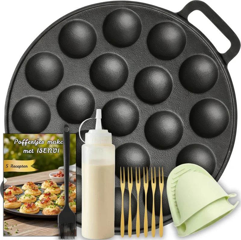 Byron - Gietijzeren Poffertjespan met E-book - 24 cm - Inductie en Elektrisch - Incl. 6 Gouden Vorkjes, Spuitfles, Kwast & Siliconen Ovenwanten - Poffertjesmaker von ISENVI in Compleet – Produktfoto