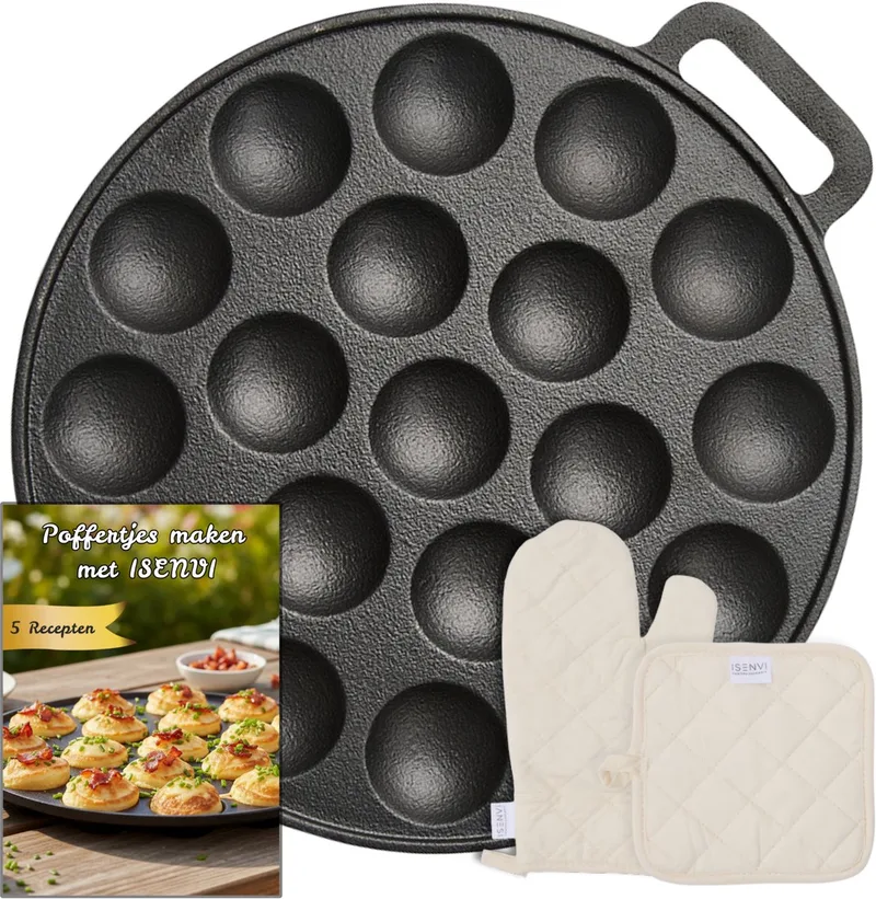 Byron - Gietijzeren Poffertjespan met Ovenwant en Pannenlap - 24 cm - Inductie en Elektrisch - Poffertjesmaker från ISENVI i + Ovenwant & Pannenlap – produktbild