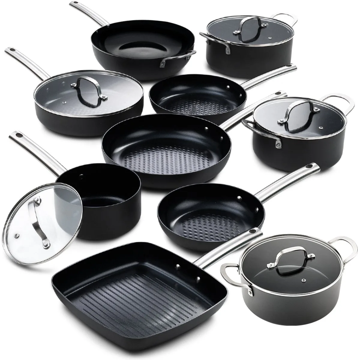 Murray Chef Encore set - Pannenset 23 delig - RVS grepen - Antraciet - Keramisch - 100% PFAS, PTFE en PFOA vrij - 100% duurzaam - Unieke Antiaanbaklaag - Non-stick bodem - Vaatwasbestendig - Geschikt voor alle warmtebronnen + inductie fra ISENVI i Antracit, Rvs – produktbillede