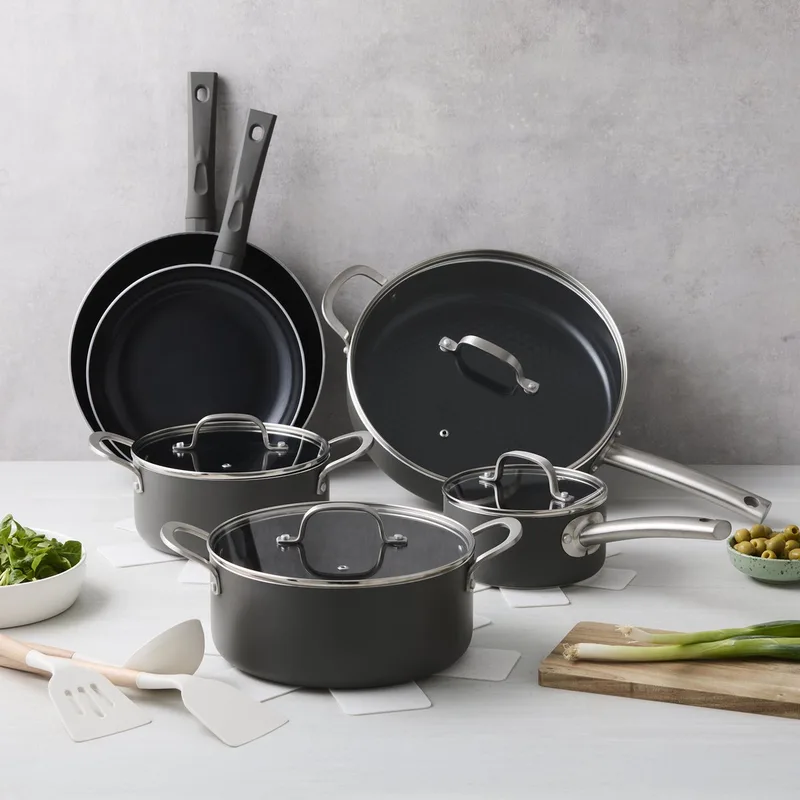 Murray Chef Maison - Compleet met ISENVI Avon - Pannenset 15 Delig - RVS & Ergo grepen - Keramisch - 100% PFAS, PTFE vrij - 100% duurzaam - Unieke Antiaanbaklaag - Non-stick bodem - Vaatwasbestendig - Geschikt voor alle by ISENVI in Anthracite – product photo