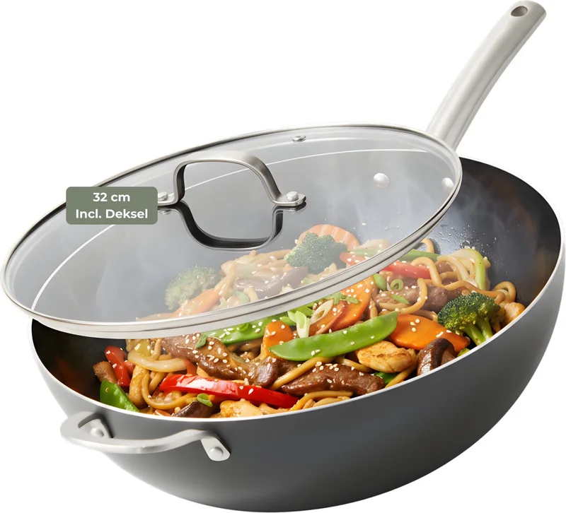 Murray Wokpan Inductie met Deksel - 32 cm - Keramisch - RVS Greep - Wok - PFAS, PTFE Vrij - Alle Warmtebronnen by ISENVI in Antraciet – met Deksel – product photo