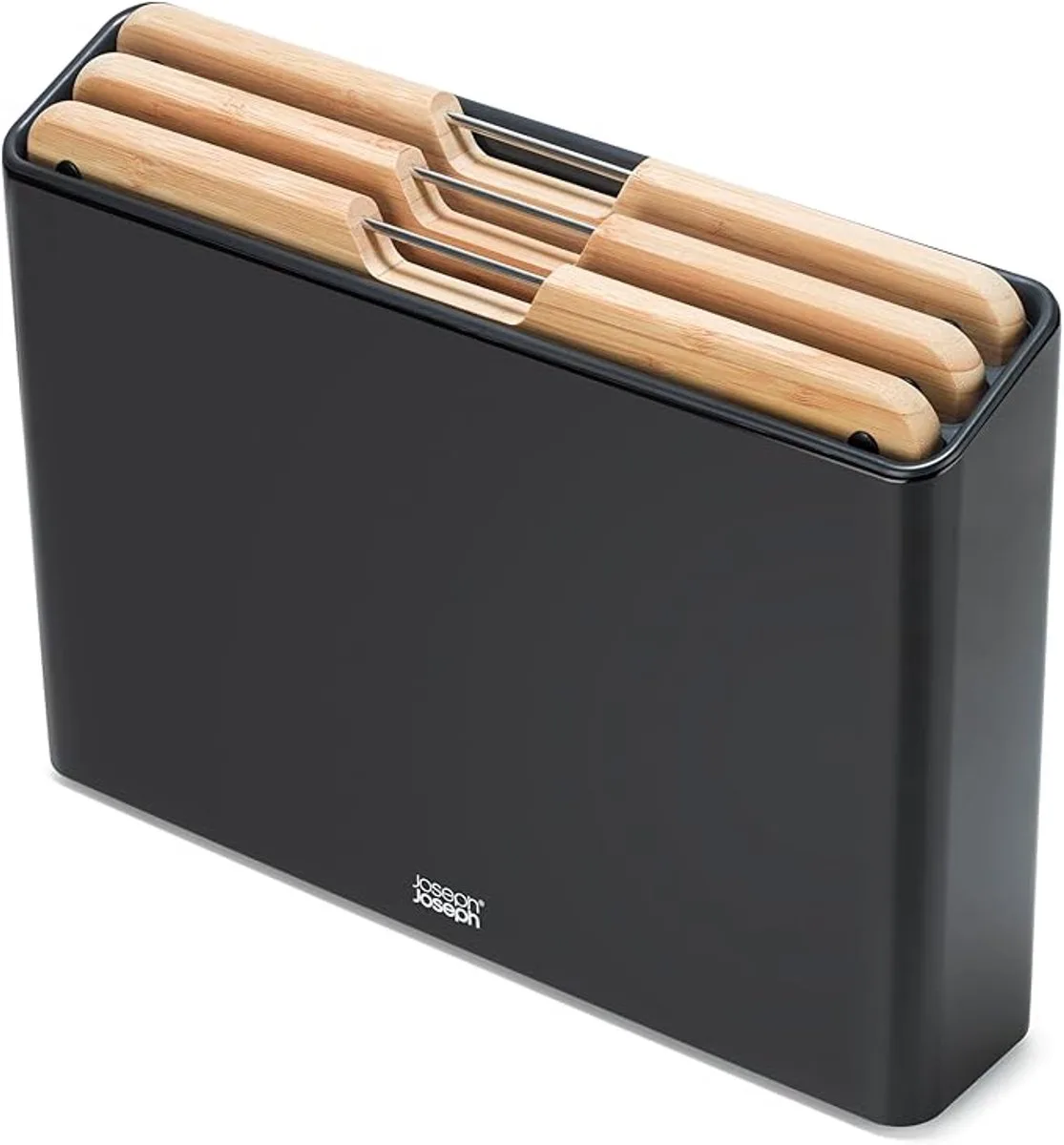 Folio 3-delige Antislip Snijplankenset in Bamboe, met Opberghoes voor Georganiseerde Keukenopbergers Roestvrij Staal van Joseph Joseph in Zwart – productfoto
