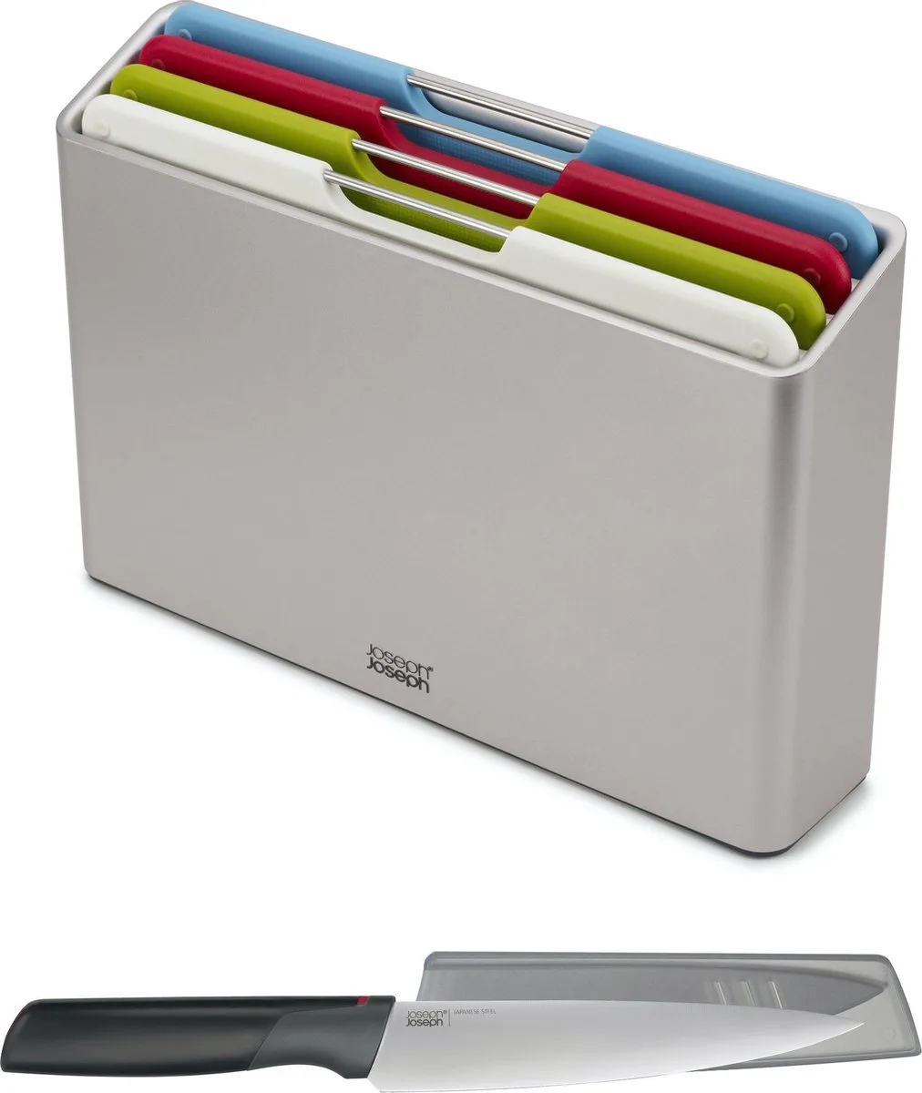 Folio 4 snijplanken in houder + koksmes van Joseph Joseph in Meerkleurig – productfoto