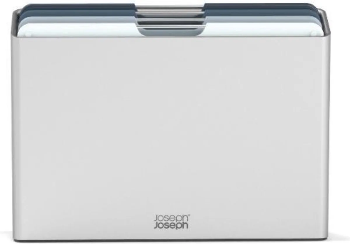 Folio™ Snijplankenset 4-delig – Large – Lichtblauw – Kleurgecodeerd – Met Opbergstand – RVS Handgrepen van Joseph Joseph in Blauw – productfoto