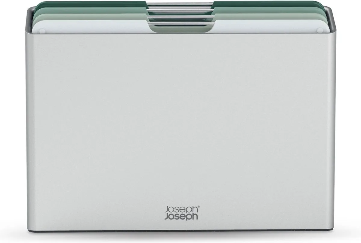 Folio™ Snijplankenset 4-delig – Large – Lichtgroen – Kleurgecodeerd – Met Opbergstand – RVS Handgrepen van Joseph Joseph in Sage – productfoto