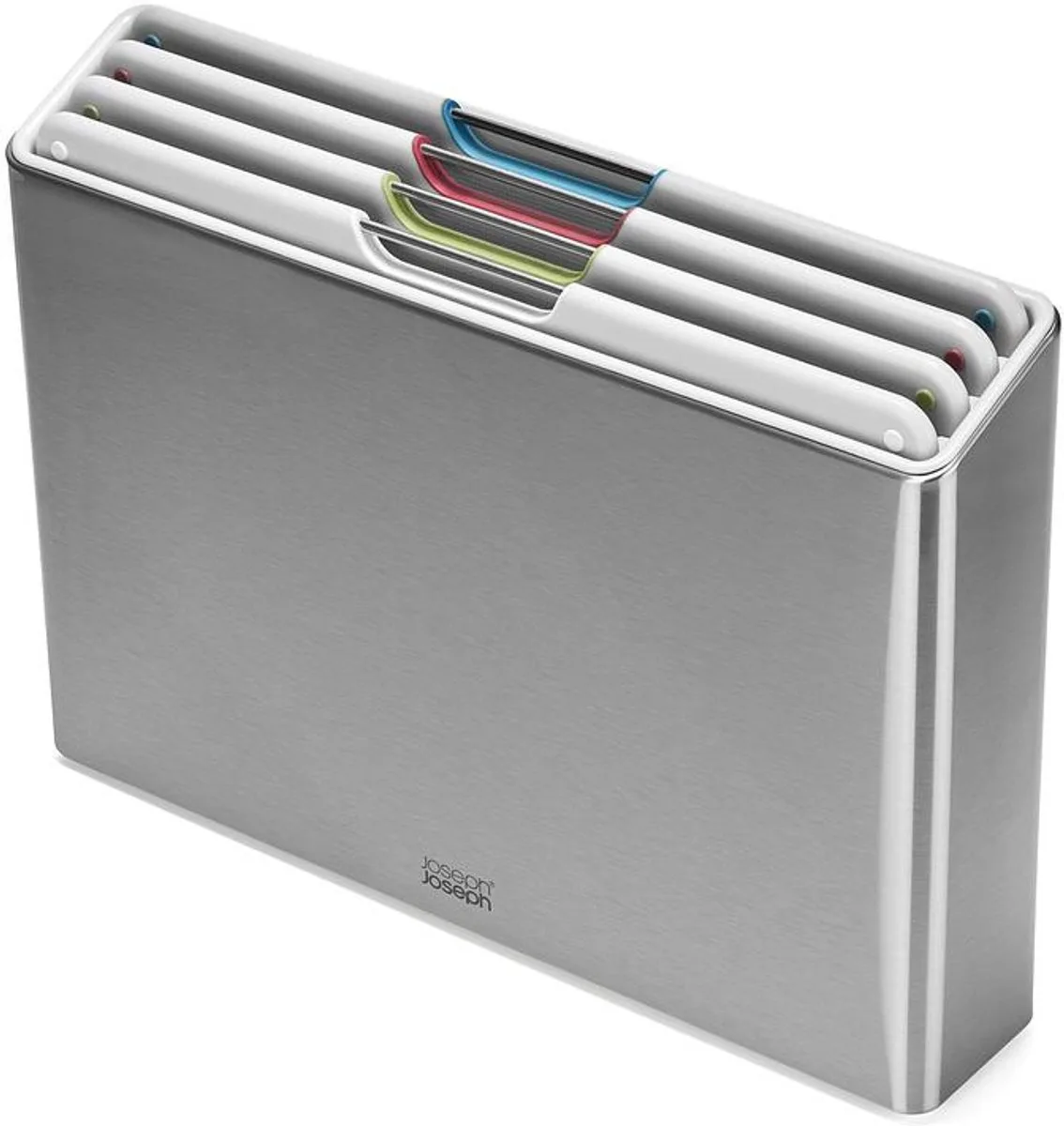 Folio™ Steel Set van 4 kleur-gecodeerde snijplanken in RVS houder (Light Stone) van Joseph Joseph in Grijs – productfoto