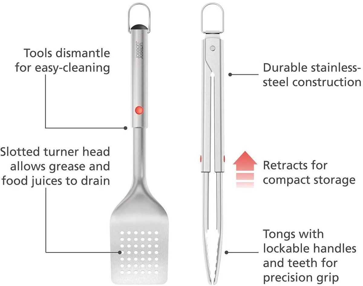 GrillOut 2-delige Inschuifbare BBQ Turner & Tongs Set van Joseph Joseph in Staal – productfoto
