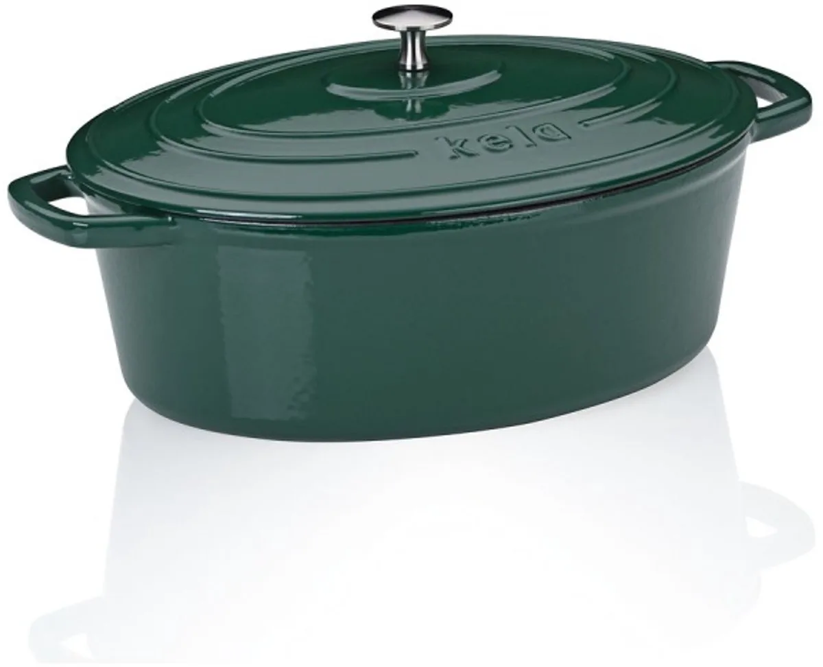 Gietijzeren braadpan met deksel Calido, ovaal, 33 x 26 x 12 cm, 6 l van Kela in Smaragdgroen – productfoto