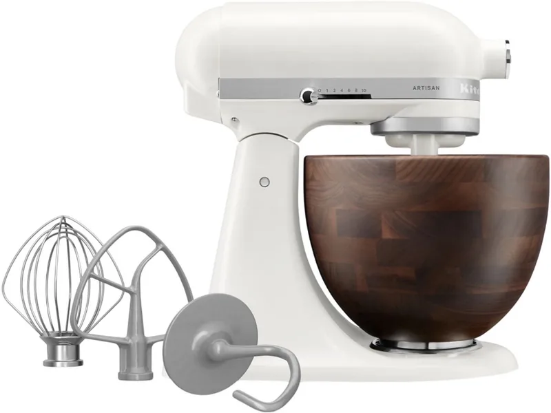 Artisan 5KSM156WBEPL - Keukenmachine - 4,7L - Houten Mengkom - 3 Menghaken von KitchenAid in Weiß – Produktfoto